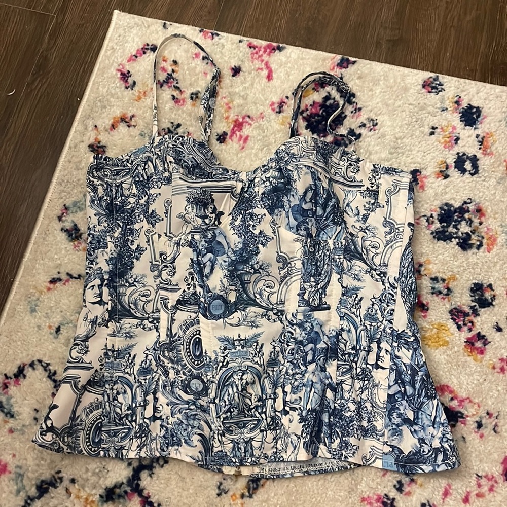 PrettyLittleThing blue renaissance print structured corset top